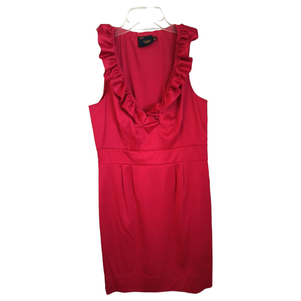 Just Taylor Sleeveless Satin Sheath Dress Women's Sz 8 Red Ruffled V Neck Lined